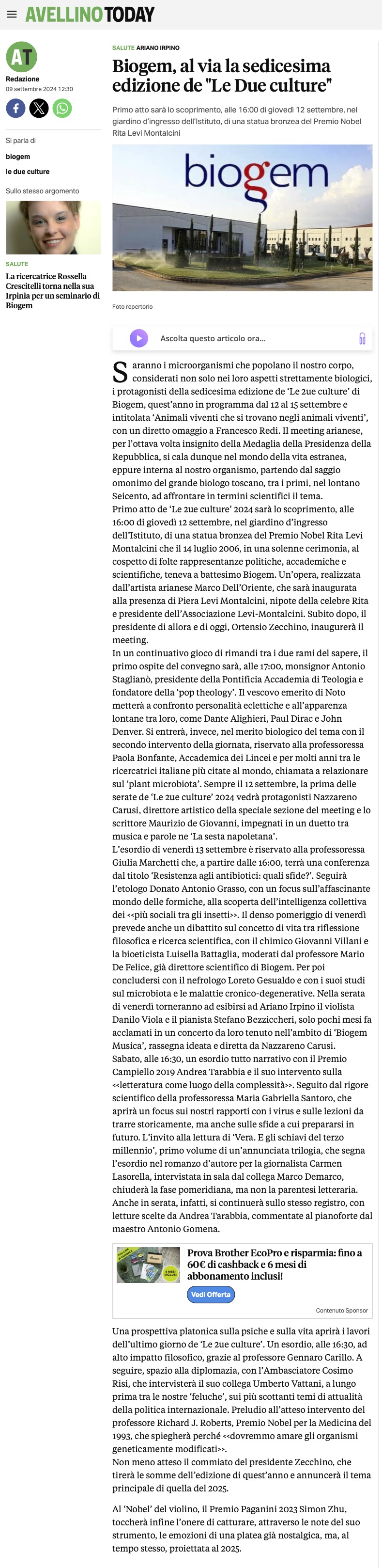 Biogem, al via la sedicesima edizione de "Le Due culture"